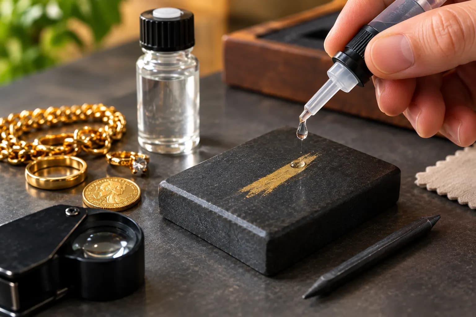 Een hand brengt met een pipet een druppel toetsvloeistof aan op een gouden streep op een zwarte toetssteen; ernaast een loep, een gouden munt en een schakelketting.