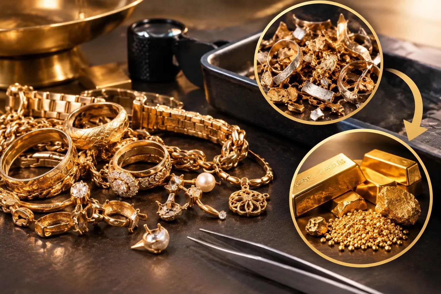 Gouden sieraden met steentjes en parels op een dienblad, met uitvergrote cirkels die de stenen en losse goudkorrels tonen.