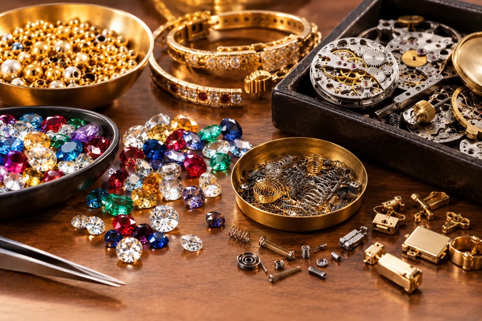 Losse edelsteentjes, parels, slavenarmbanden, horlogewerkjes en sluitingen op een tafel, met een pincet.