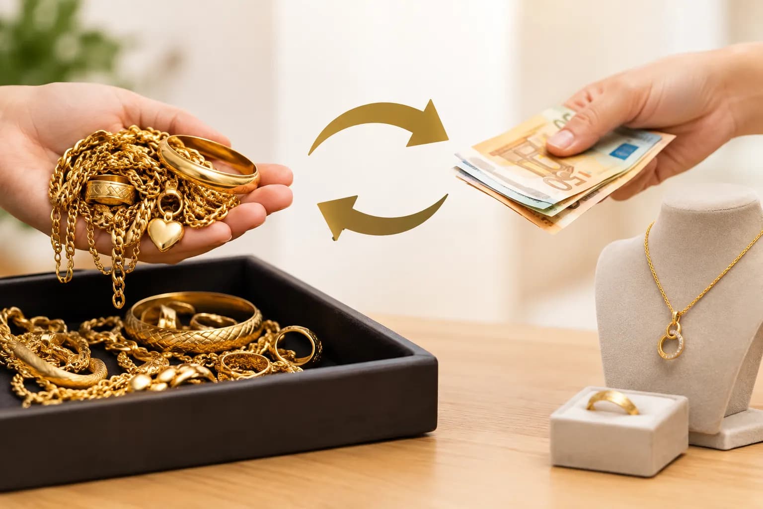 Een hand met gouden sieraden en een hand met eurobiljetten, verbonden door twee ronddraaiende pijlen.