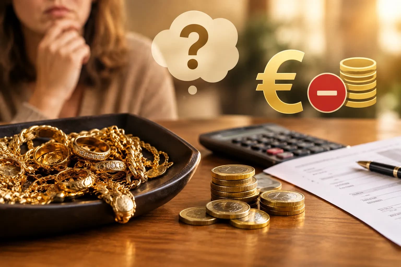 Een vrouw kijkt bedenkelijk naar een schaal met gouden sieraden, naast een rekenmachine en papierwerk; boven haar een vraagteken en een euroteken met een minsymbool.